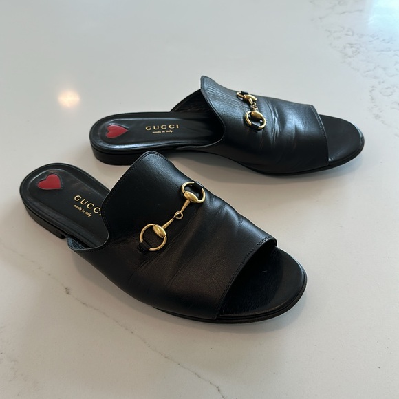 Gucci Black Leather Malaga Peep toe slides size 38/8 - Picture 2 of 4
